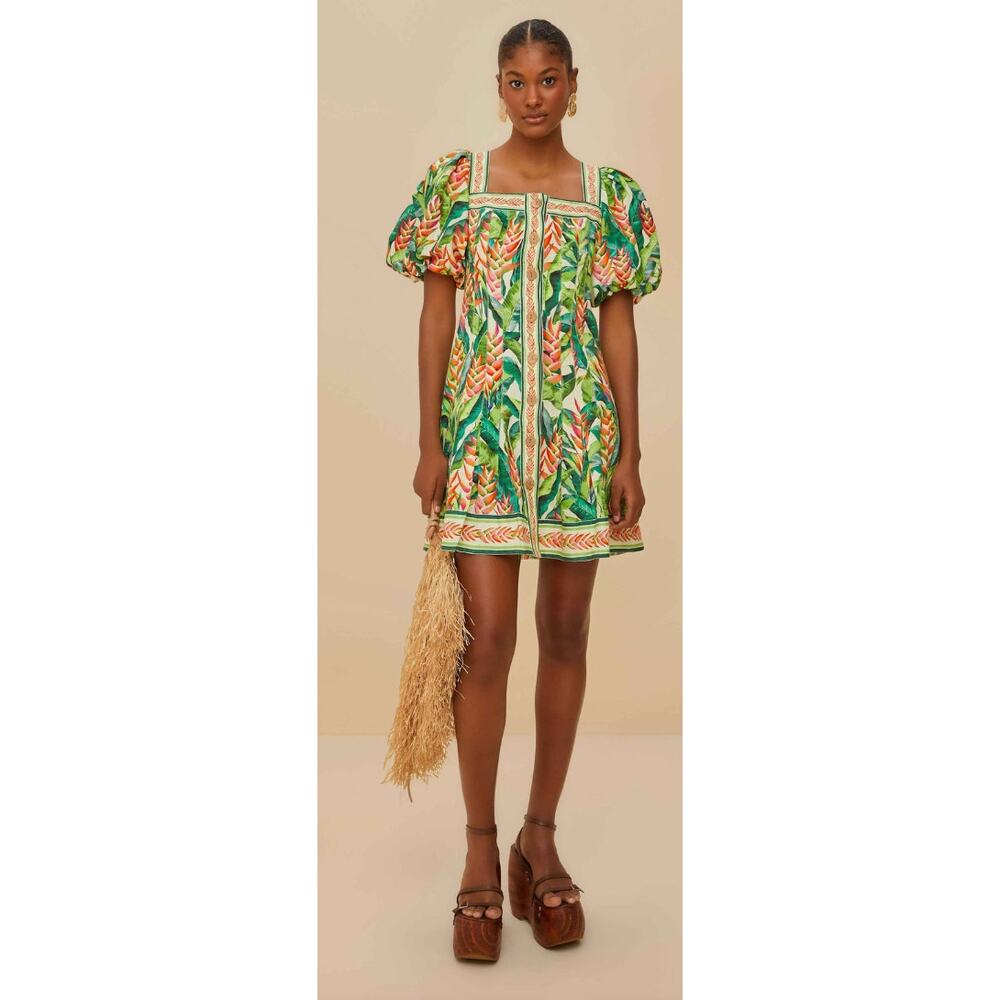 Farm Rio NEW Heli Leaves Pearl Mini Dress Size Small